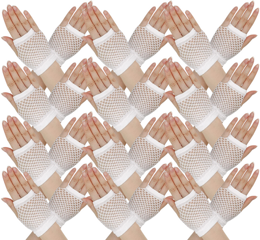 12 Pair Fishnet Gloves Fingerless Wrist Length 70s 80s Costume Party - White-1