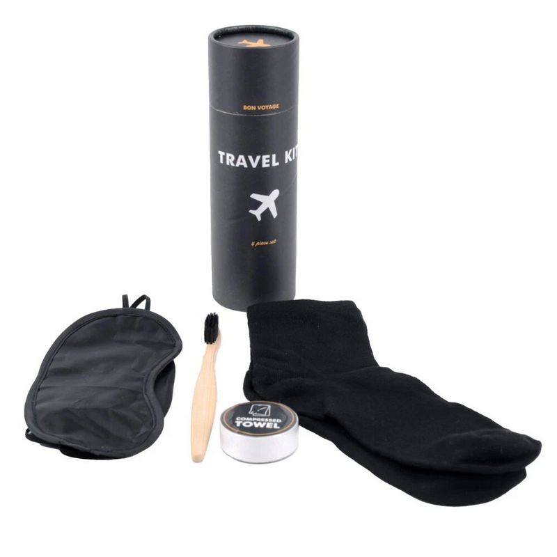 Load image into Gallery viewer, Travel Kit Tube with Eye Mask, Socks, Bamboo Toothbrush &amp; Compressed Towel – 4pc Set-1
