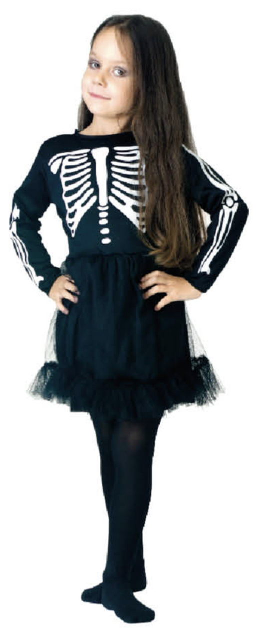 Children Skeleton Girl Costume Halloween Bones Dress - Black/White-3