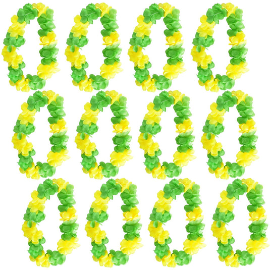 12x Green & Yellow Hawaiian Lei – Two-Tone Floral Necklace for Luau & Summer Parties Australia Day-0