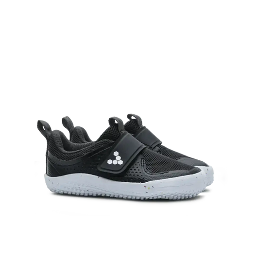 Pair of Vivobarefoot Primus Sport III Toddlers Obsidian sneakers with ultra-lightweight, flexible design and grippy soles.