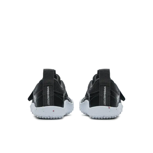 Back view of Vivobarefoot Primus Sport III Toddlers' sneakers in Obsidian, showcasing ultra-lightweight, flexible, and recycled materials