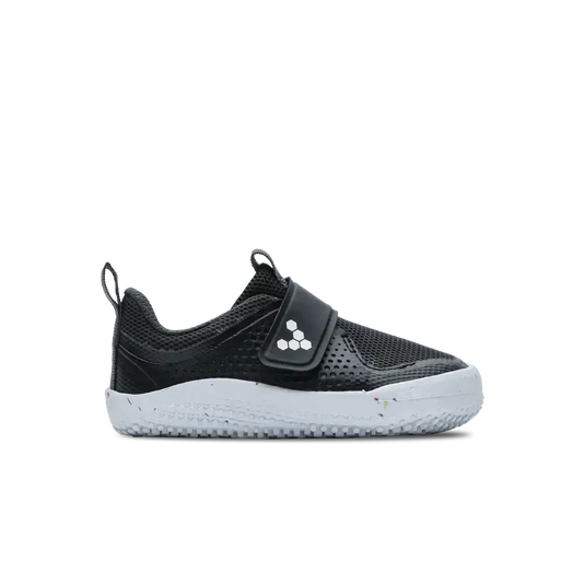 Vivobarefoot Primus Sport III Toddlers Obsidian black sneaker with flexible sole and velcro strap.