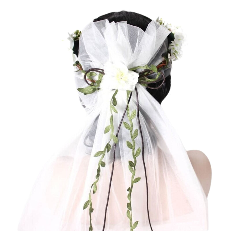 Load image into Gallery viewer, Deluxe Flower Crown w VEIL HEADBAND White Bride To Be Bridal Shower Bachelorette-2
