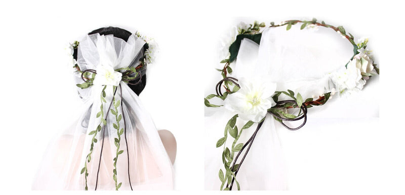 Load image into Gallery viewer, Deluxe Flower Crown w VEIL HEADBAND White Bride To Be Bridal Shower Bachelorette-1
