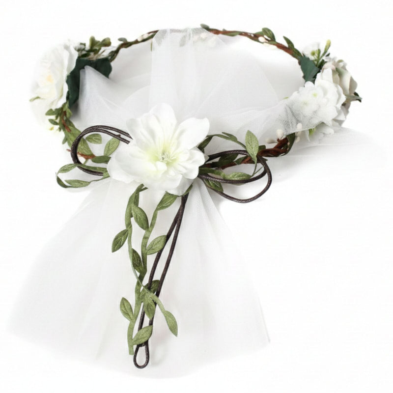 Load image into Gallery viewer, Deluxe Flower Crown w VEIL HEADBAND White Bride To Be Bridal Shower Bachelorette-3
