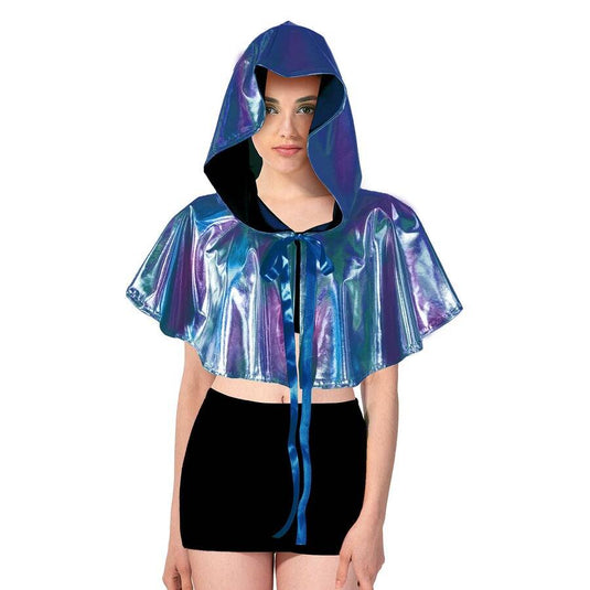 Adult Iridescent Metallic Mini Hooded Cape Halloween Costume Par - Blue/Purple-1