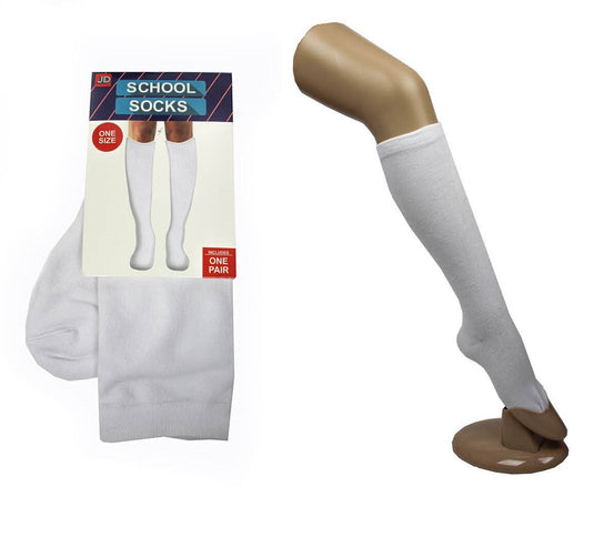 1 Pair SCHOOL SOCKS Plain Knee High Cotton Girls Boys Unisex - White - One Size Fits Most-1