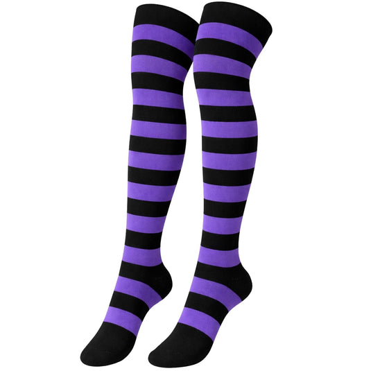10x Womens Over Knee Socks Striped Thigh High Long Stockings - Black/Purple-2