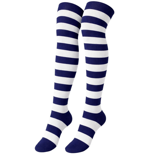 10x Womens Over Knee Socks Striped Thigh High Long Stockings - Blue/White-2