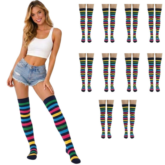 10x Womens Over Knee Socks Thigh High Long Stockings - Rainbow/Black Stripe-1