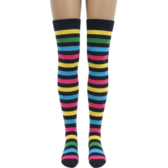 10x Womens Over Knee Socks Thigh High Long Stockings - Rainbow/Black Stripe-2