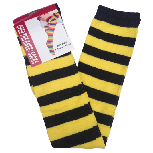 Womens Over Knee Socks Striped Thigh High Stockings Long Stretch - Yellow/Black-3