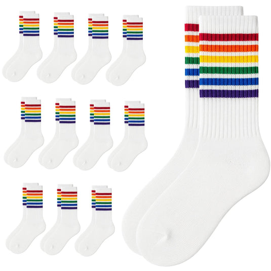 12 Pairs White Unisex Socks with Rainbow Stripes for Halloween Costume Party-1