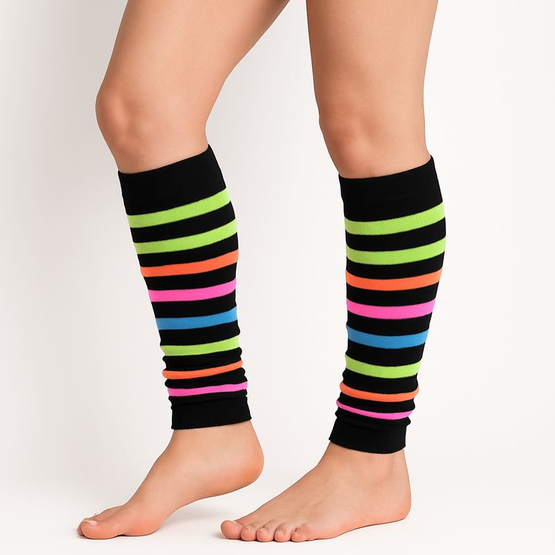 Load image into Gallery viewer, RAINBOW LEG WARMERS Party Costume Fine Stretch Ladies Girls Fancy Dress - Rainbow with Black Stripe-0
