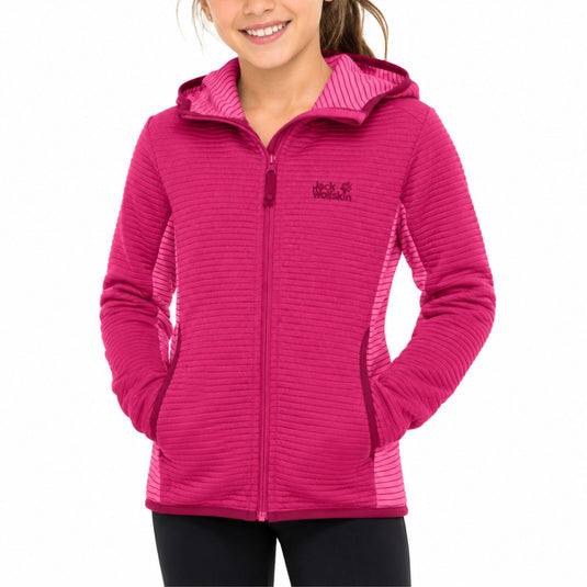Jack Wolfskin Tongari Girls Hooded Fleece Jacket Lightweight Kids - Azalea Red-0