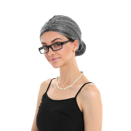 Grandma Instant Disguise Accessory Kit Halloween Party Grey Wig Necklace Glasses-0