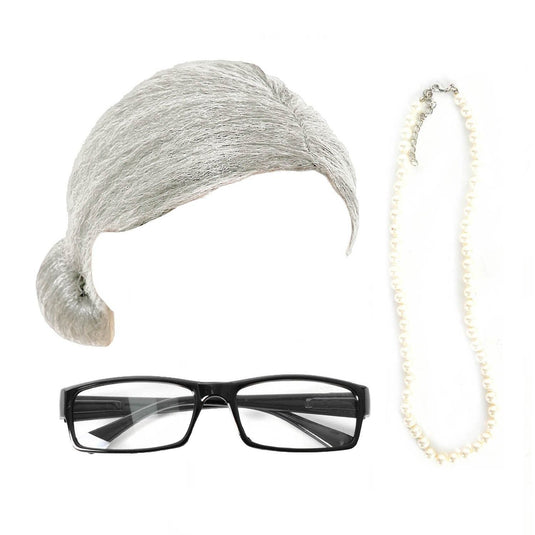 Grandma Instant Disguise Accessory Kit Halloween Light Grey Wig Necklace Glasses-2