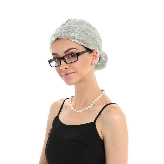 Grandma Instant Disguise Accessory Kit Halloween Light Grey Wig Necklace Glasses-0