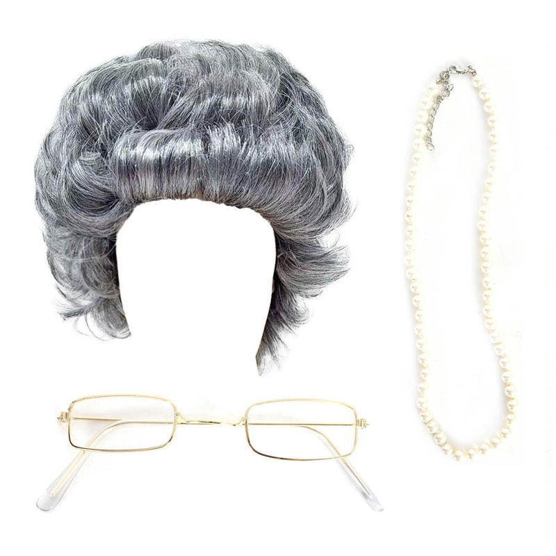 Load image into Gallery viewer, Grandma Instant Disguise Grey Curly Wig Necklace Glasses Halloween Accessory Kit-2
