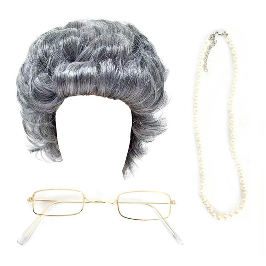 Grandma Instant Disguise Grey Curly Wig Necklace Glasses Halloween Accessory Kit-2