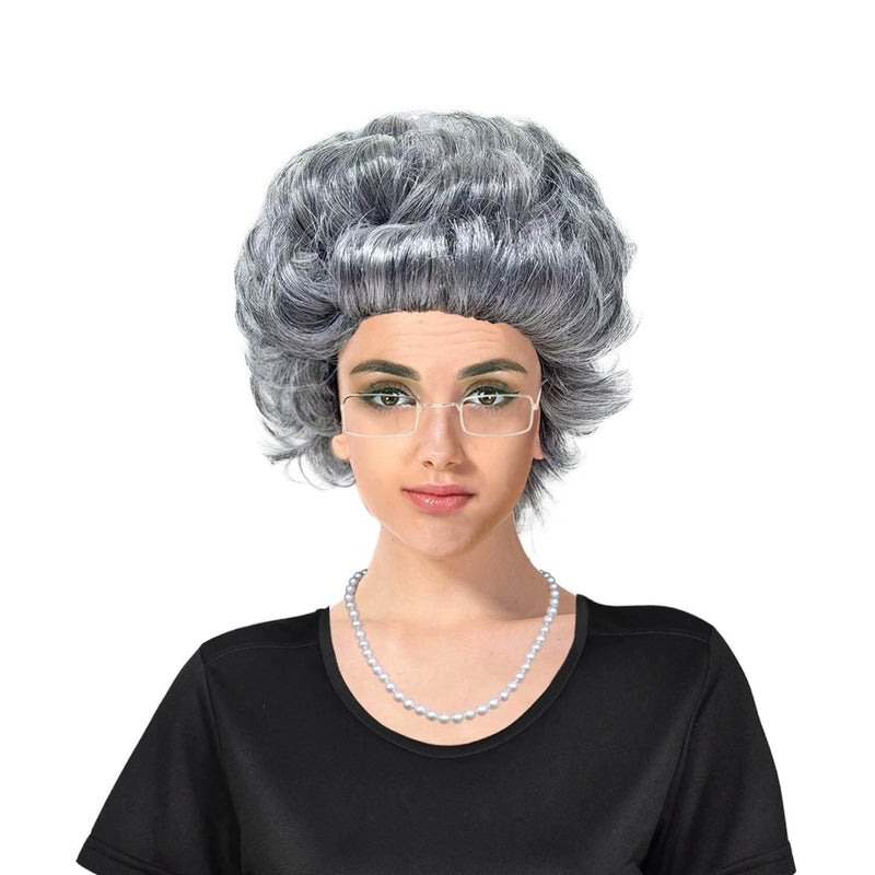 Load image into Gallery viewer, Grandma Instant Disguise Grey Curly Wig Necklace Glasses Halloween Accessory Kit-1
