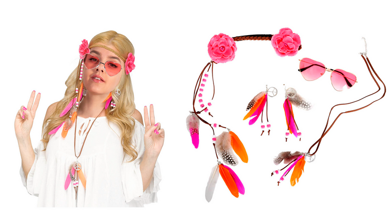 Load image into Gallery viewer, Deluxe Hippie Accessory Party Costume Kit Set 60s 70s Costume w/ Glasses, Headband &amp; Feathers-0
