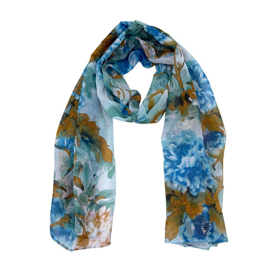 Jacaru Floral Chiffon Scarf 1694 – Turquoise, Brown & Aqua