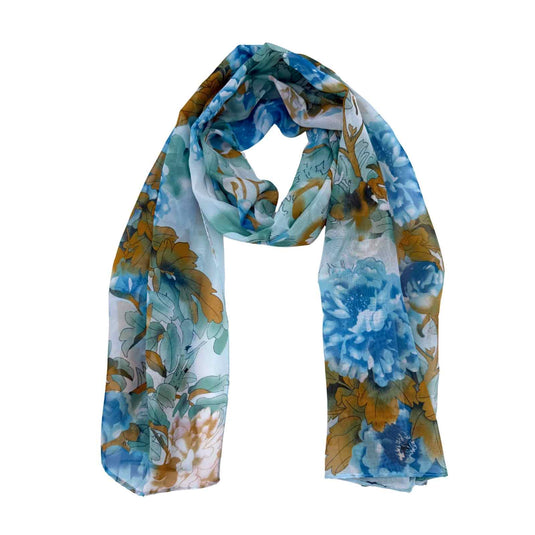 Jacaru Floral Chiffon Scarf 1694 – Turquoise, Brown & Aqua