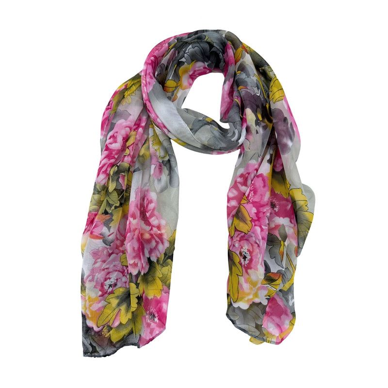 Load image into Gallery viewer, Jacaru Floral Chiffon Scarf 1695 – Yellow, Pink &amp; Grey
