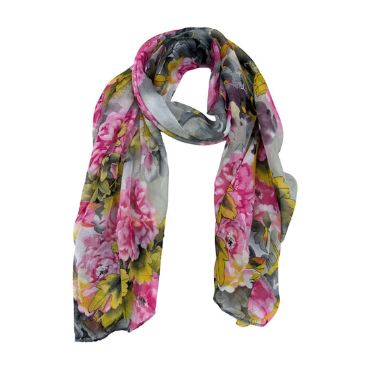 Jacaru Floral Chiffon Scarf 1695 – Yellow, Pink & Grey