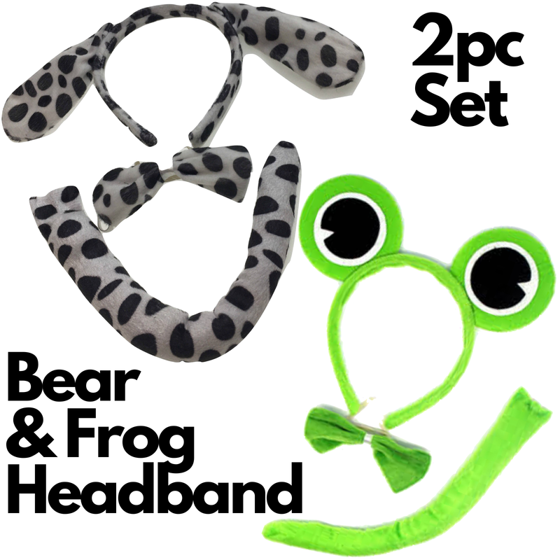 Load image into Gallery viewer, 2pc Set Animal Headband w Bow Tail Dog + Frog Ears Hair Costume Halloween Party-1
