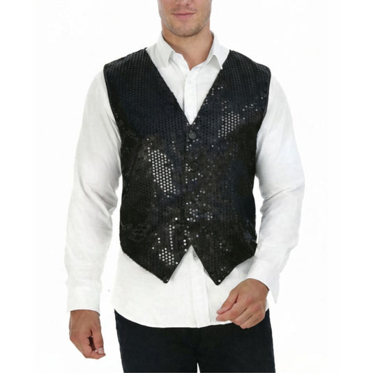 Mens Sequin Vest Waistcoat Disco Sparkle Costume Dance Party One Size - Black-0