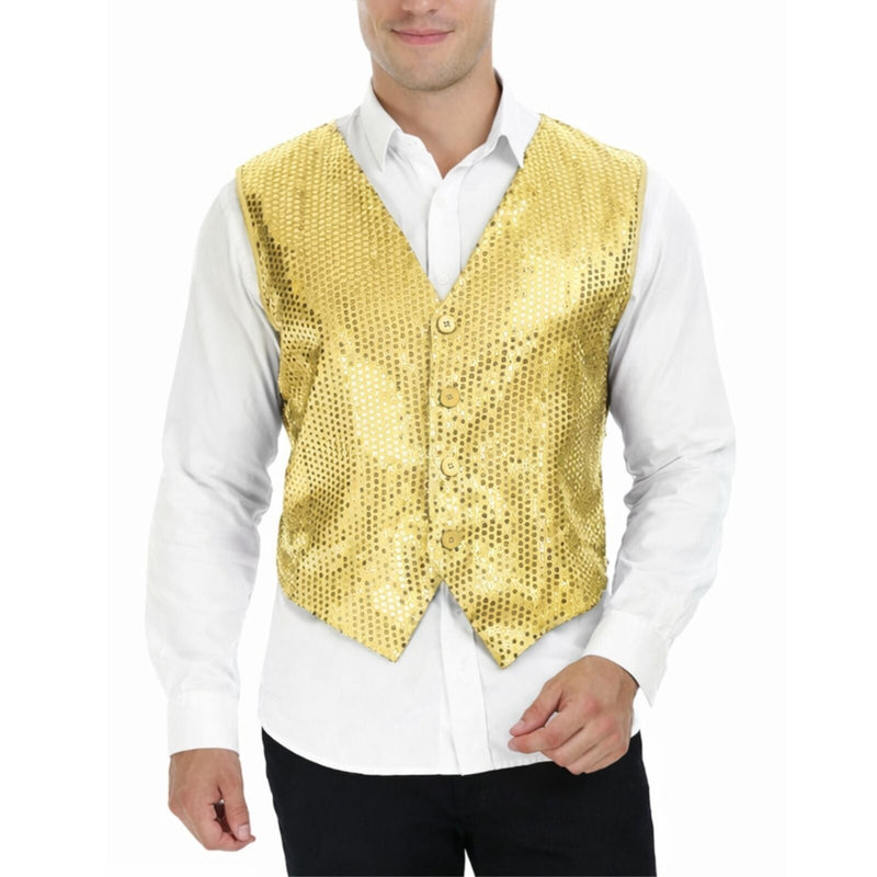 Load image into Gallery viewer, Mens Sequin Vest Waistcoat Disco Sparkle Costume Dance Party One Size - Gold-0
