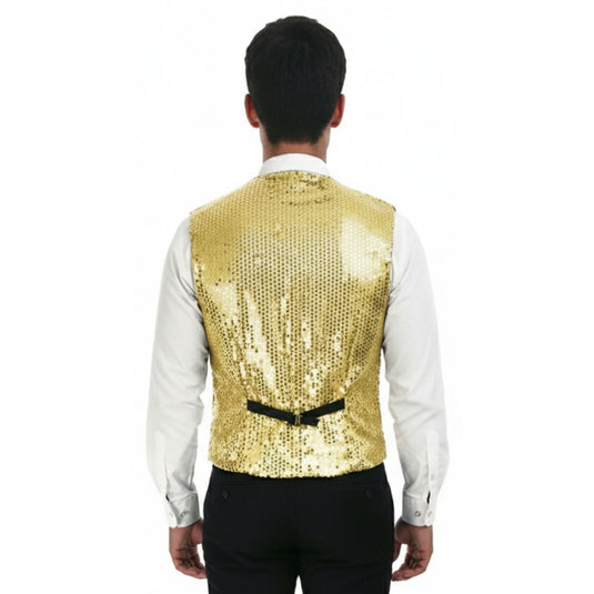Mens Sequin Vest Waistcoat Disco Sparkle Costume Dance Party One Size - Gold-4