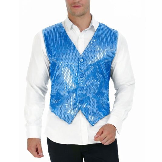 Mens Sequin Vest Waistcoat Disco Sparkle Costume Dance Party - Light Blue-1