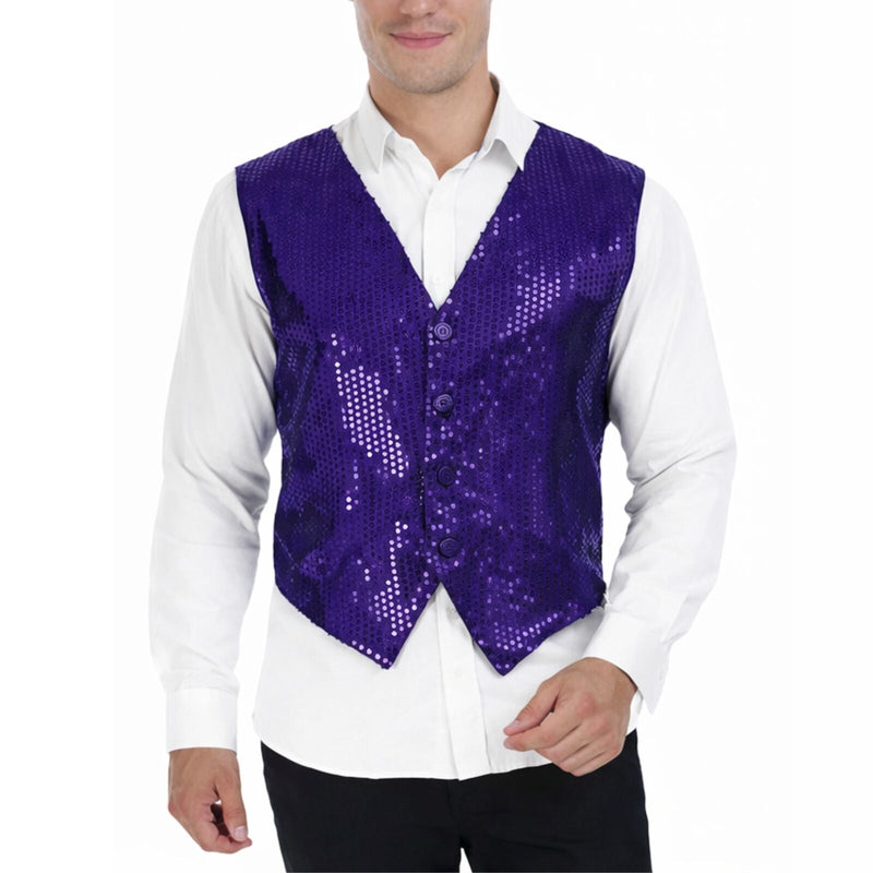 Load image into Gallery viewer, Mens Sequin Vest Waistcoat Disco Sparkle Costume Dance Party One Size - Purple-0

