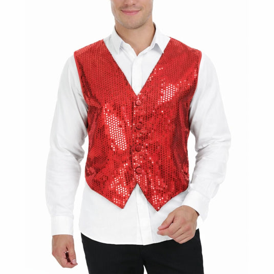Mens Sequin Vest Waistcoat Disco Sparkle Costume Dance Party One Size - Red-1