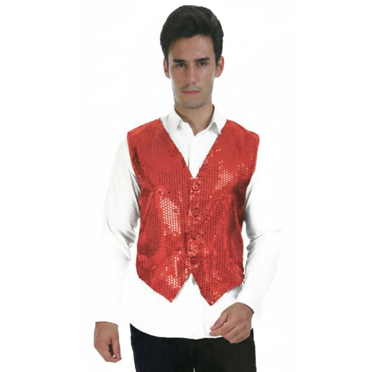 Mens Sequin Vest Waistcoat Disco Sparkle Costume Dance Party One Size - Red-3