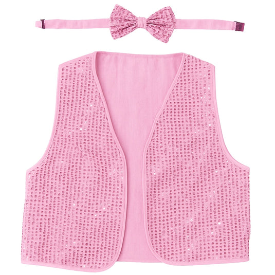 Adult Unisex SEQUIN BOW TIE & VEST Dance Costume Party Sparkle Set in Light Pink-1
