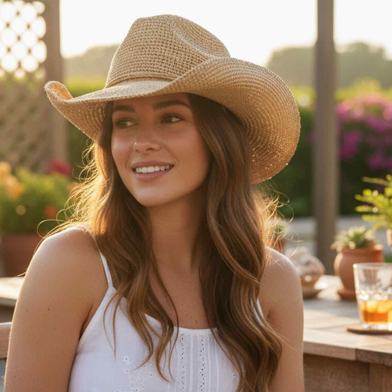 Load image into Gallery viewer, Jacaru 1844 Raffia Straw Crocheted Cowboy Hat – UPF 30+ | Vegan | One Size
