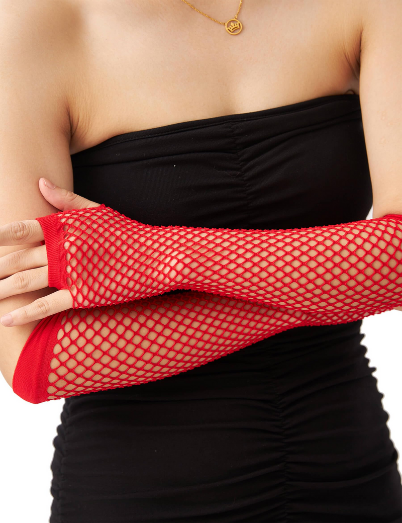 Load image into Gallery viewer, Long Elbow Length Fishnet Gloves Fingerless 70s 80s Womens Costume Party Dance in Red-2
