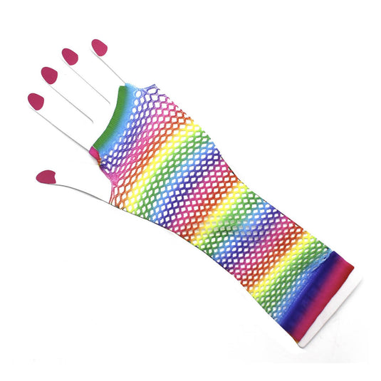 Rainbow Stripe Fishnet Fingerless Gloves 80s Costume Burlesque Mardi Gras Dance-2