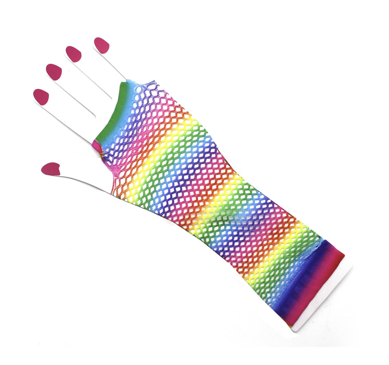 Load image into Gallery viewer, Rainbow Stripe Fishnet Fingerless Gloves 80s Costume Burlesque Mardi Gras Dance-0
