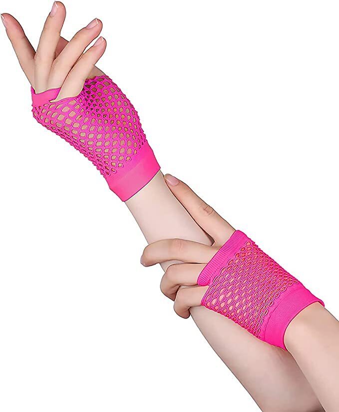 Load image into Gallery viewer, 1 Pair Fishnet Gloves Fingerless Wrist Length 70s 80s Costume Party - Hot Pink-3
