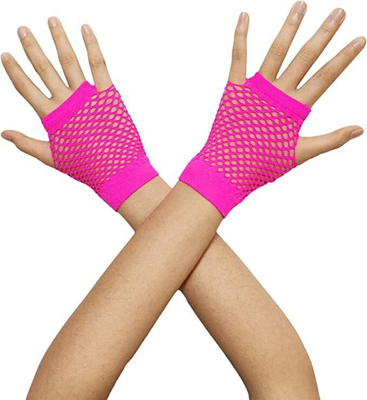 1 Pair Fishnet Gloves Fingerless Wrist Length 70s 80s Costume Party - Hot Pink-0