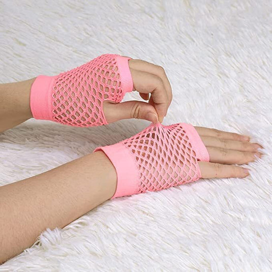1 Pair Fishnet Gloves Fingerless Wrist Length 70s 80s Costume Party - Light Pink-3