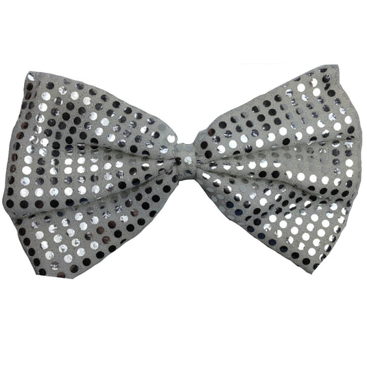 LARGE BOW TIE Sequin Polka Dots Bowtie Big King Size Party  Costume - White/Silver-1
