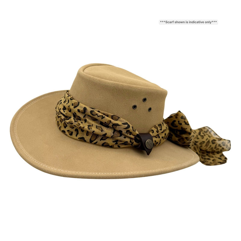 Load image into Gallery viewer, Jacaru 1020 Jillaroo Hat – Suede &amp; Chiffon Scarf | UPF 50+
