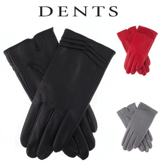 Dents Womens Leather Gloves With Pleat Detail And Fine Fleece Lining - Black